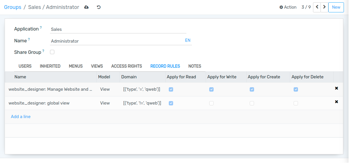 View of a group’s form emphasizing the tab record rules in Flectra