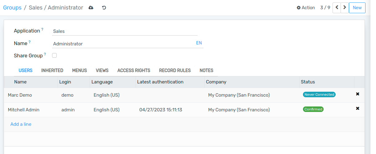 View of a group’s form emphasizing the tab users in Flectra