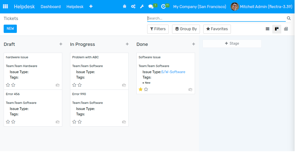View of a team’s kanban view in Flectra Helpdesk