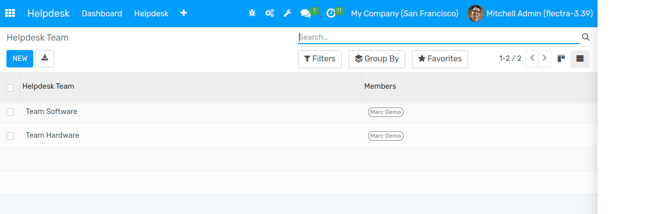 View of the helpdesk teams page in Flectra Helpdesk