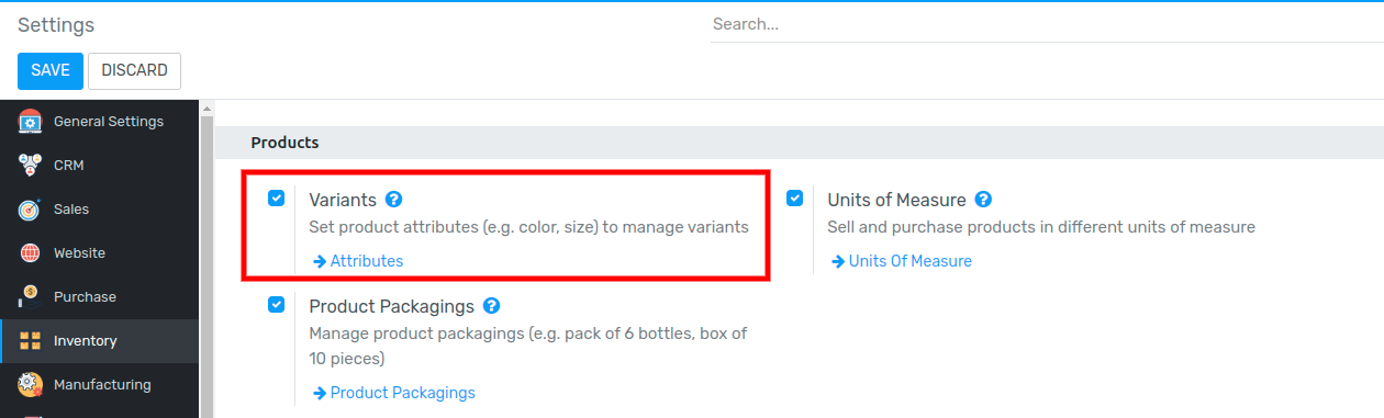 Selecting "Variants" from Inventory app settings.
