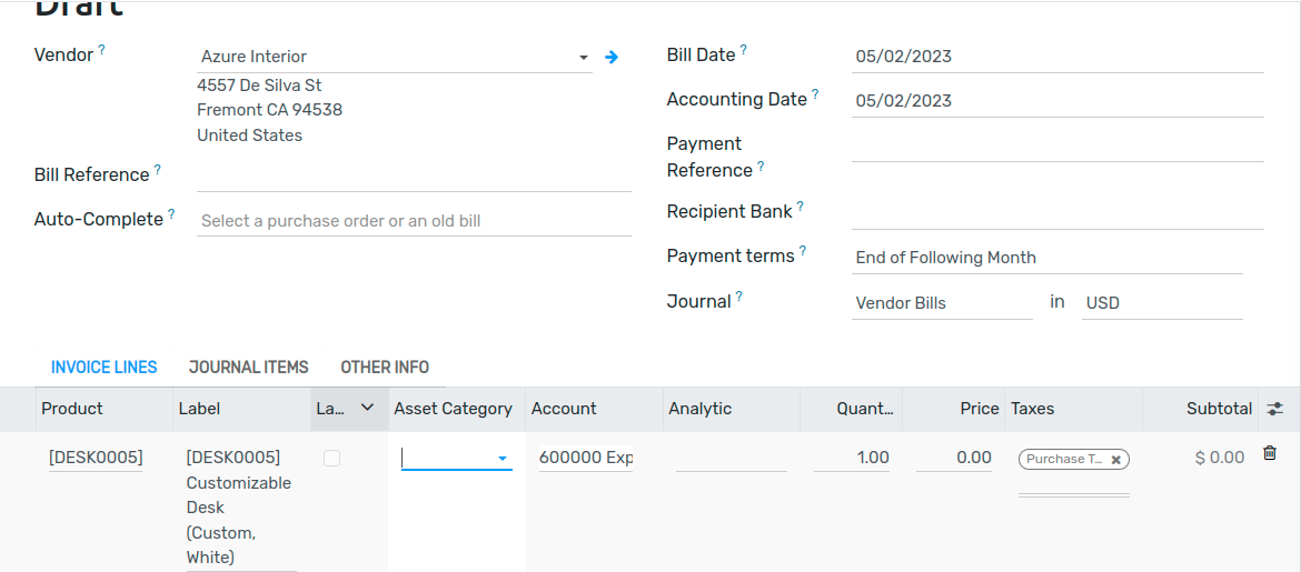 Enable Landed Costs option on vendor bill line.