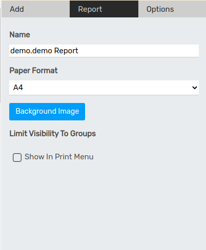 View of a report’s settings emphasizing the field limit visibility to groups in Flectra Studio