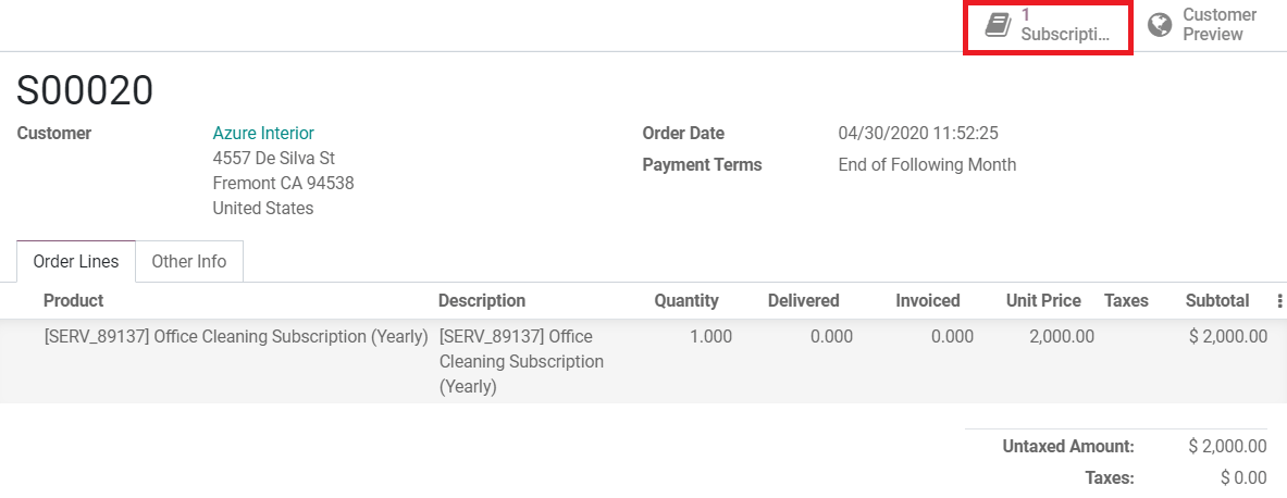 Quotation form in Flectra Sales with a button "Subscriptions"
