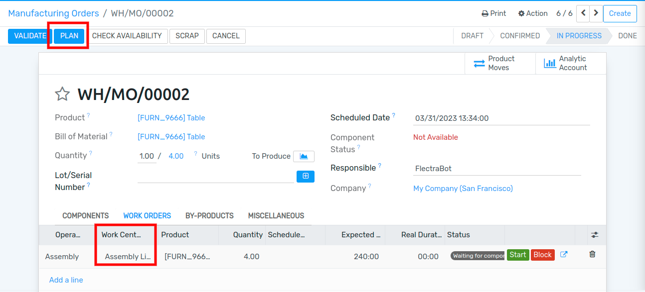 Click the plan button to automatically select an available work center.