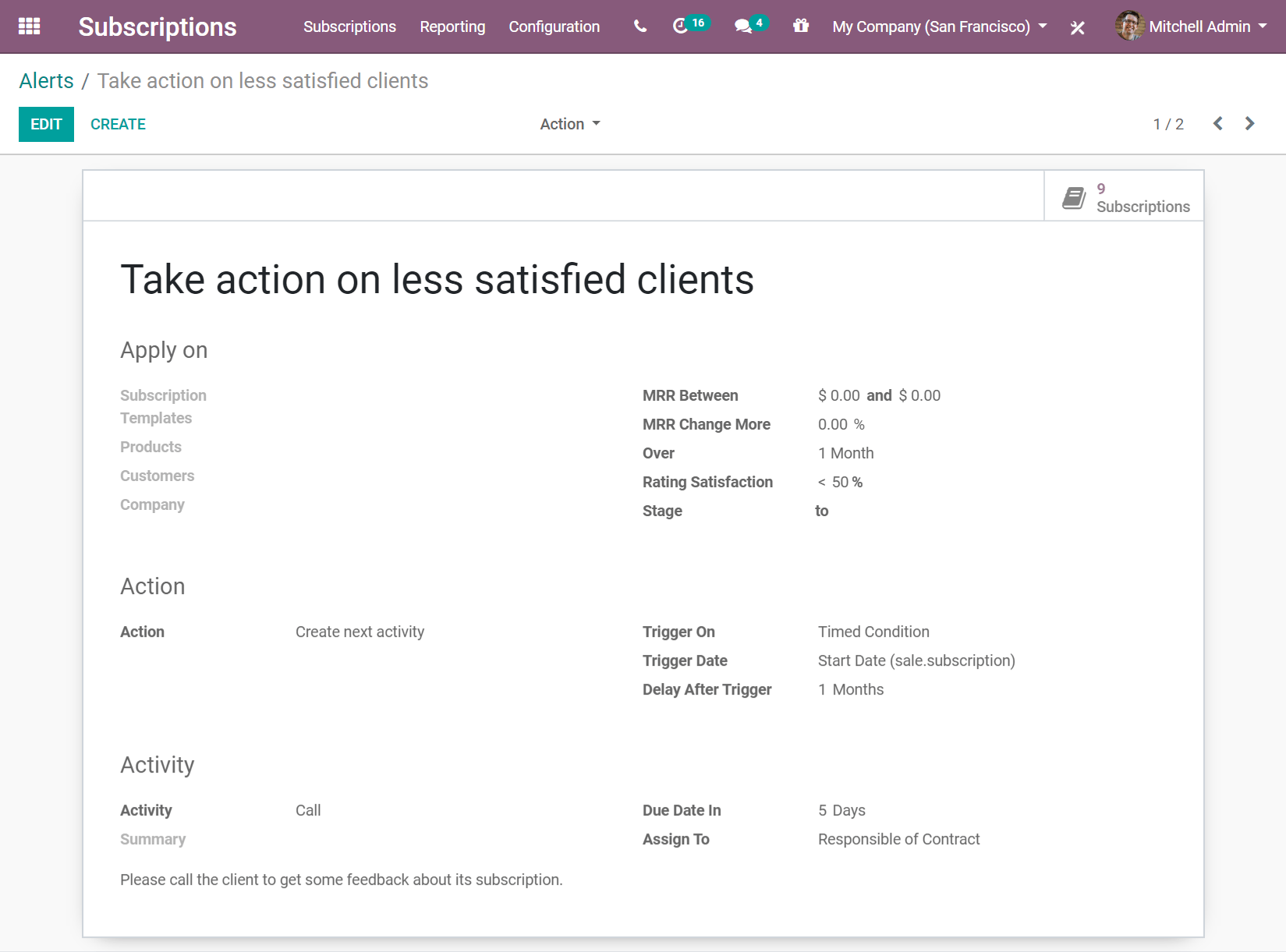 Modify an existing automatic alert in Flectra Subscriptions