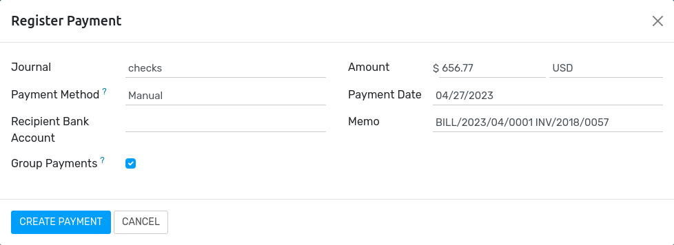 Group payments options when registering a payment.