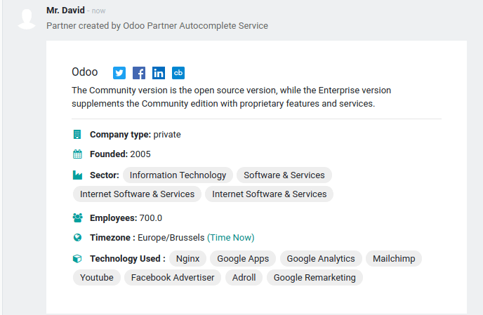View of the information being shown about flectra with the autocomplete option in Flectra