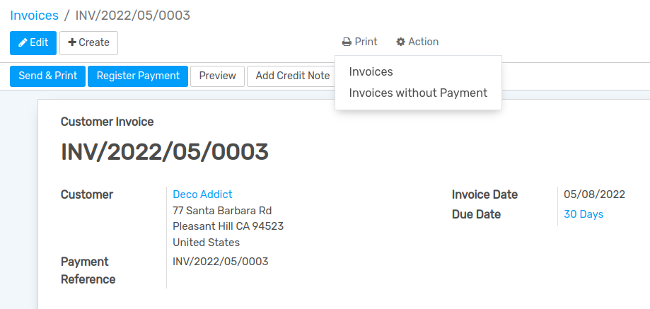 View of an invoice form emphasizing the menu print for Flectra Studio