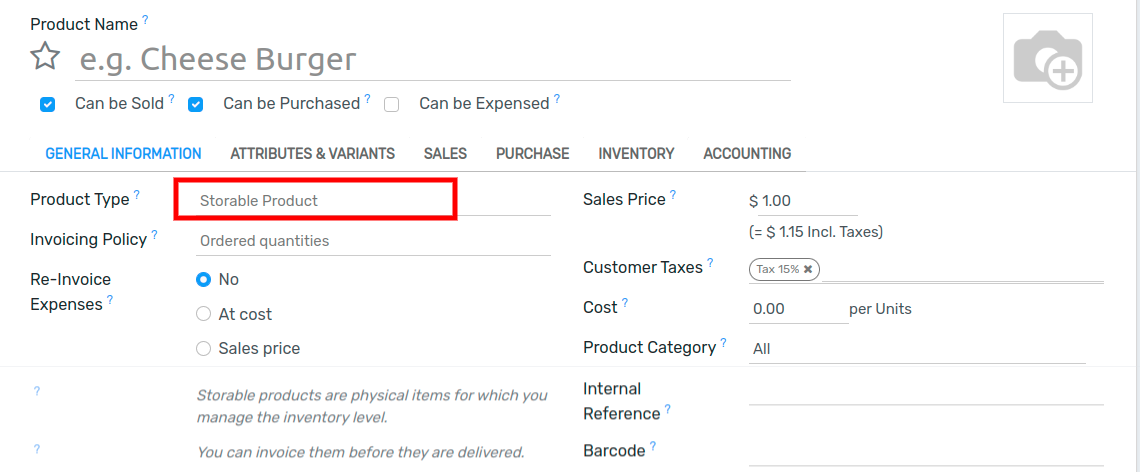 Set the product type in Flectra