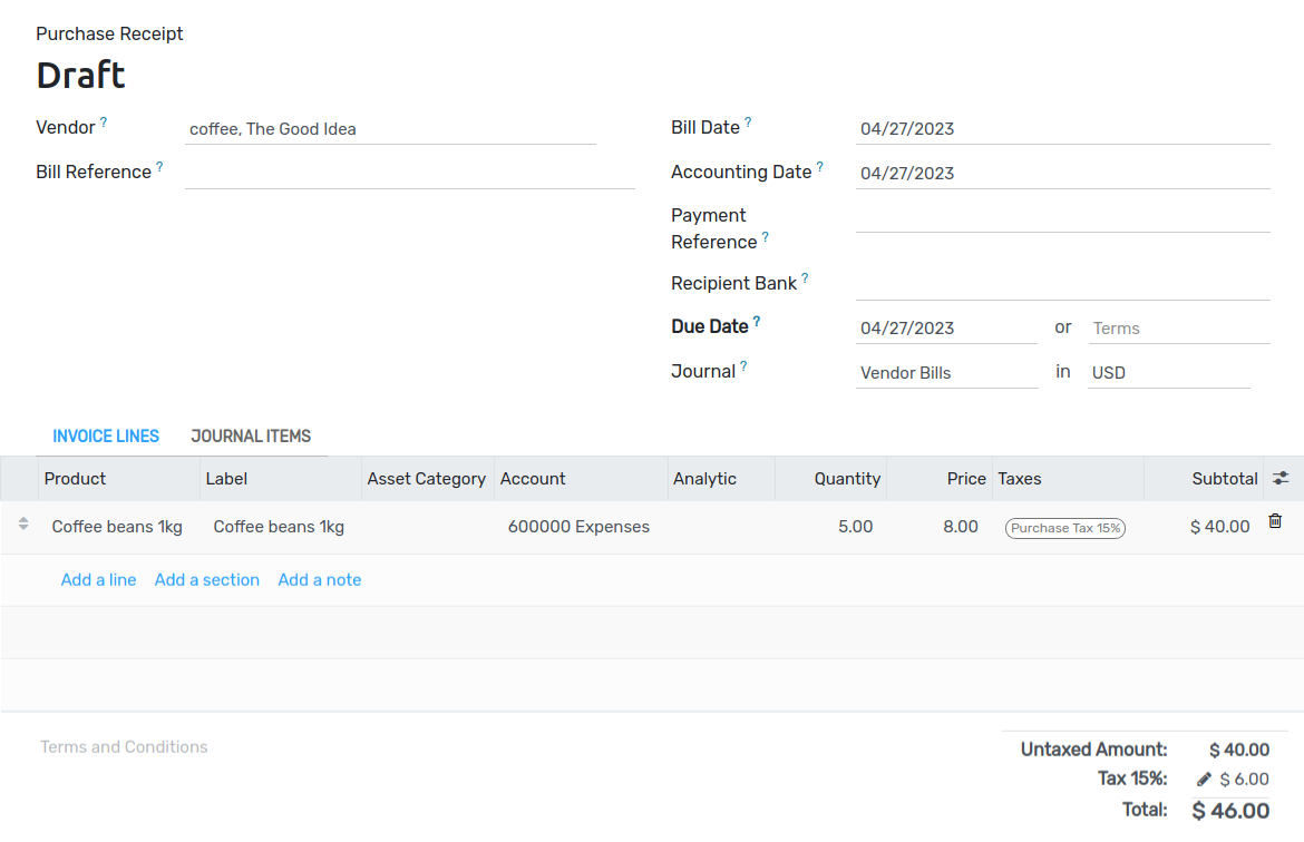 Fill out the draft purchase receipt in Flectra Accounting