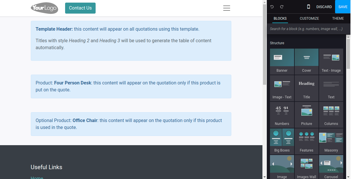 Drag & drop building blocks to create your quotation template on Flectra Sales