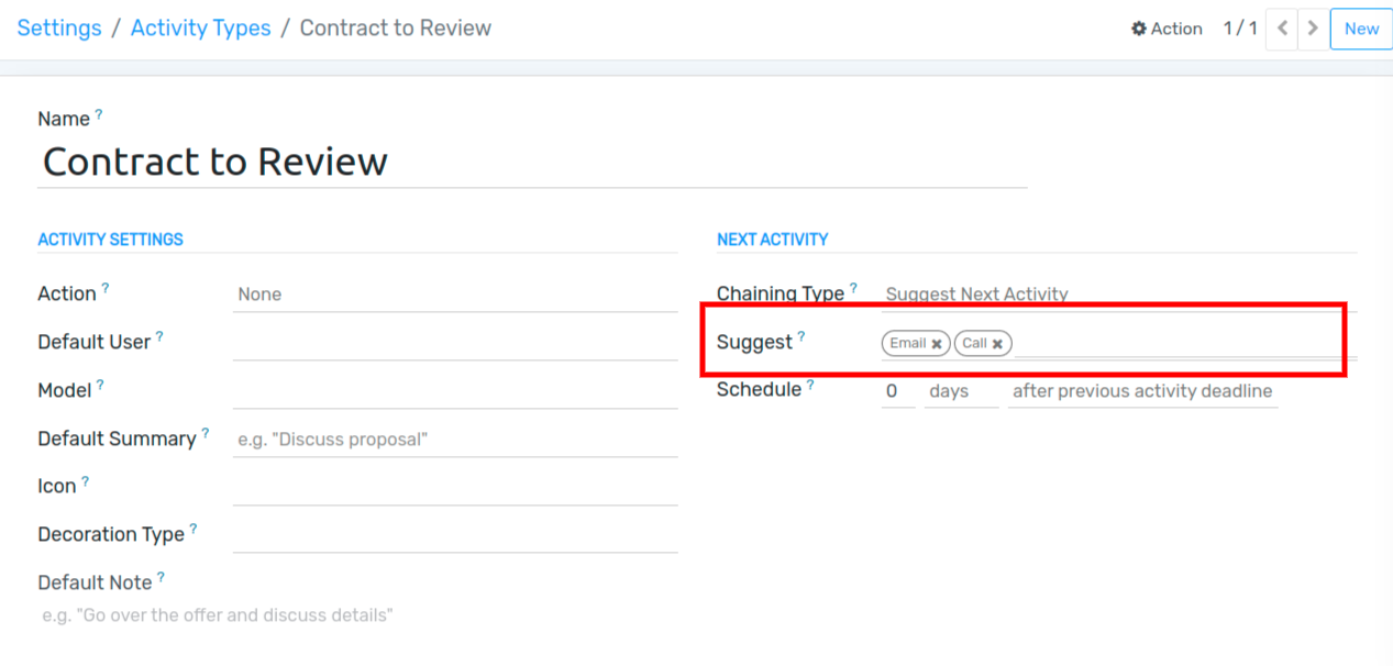View of an activity type form emphasizing the field recommended next activities for Flectra Discuss