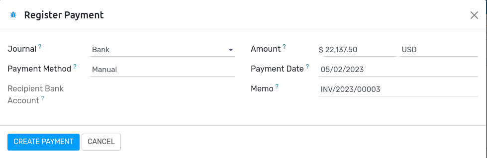 Select the currency and journal to use before registering the payment.