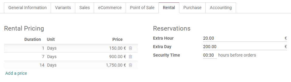 Example of rental pricing configuration in Flectra Rental