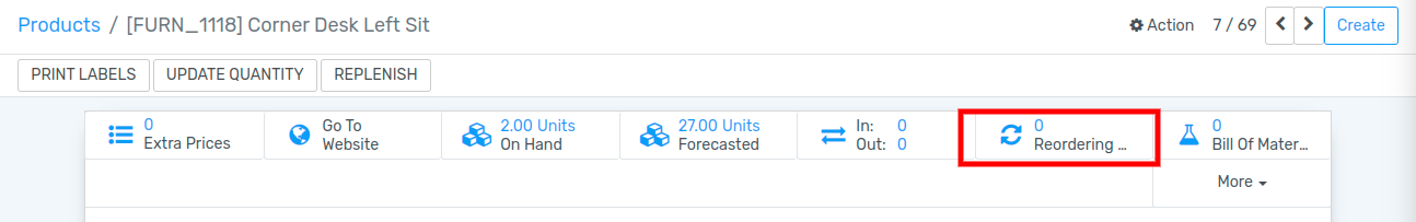 Reordering rules button on a product in Flectra