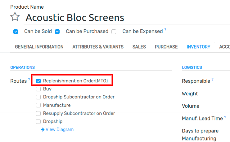 Enable the Replenish on Order (MTO) route on the product settings.