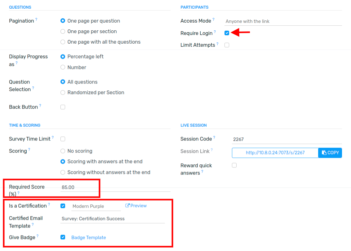 Setting the Required Score (percentage), login required, and certification template.
