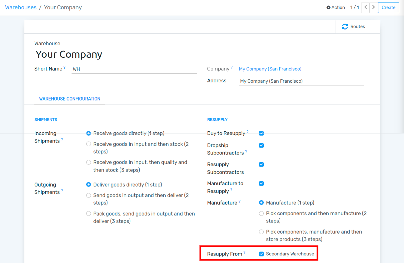 Supply one warehouse with another in the Warehouse Configuration tab.