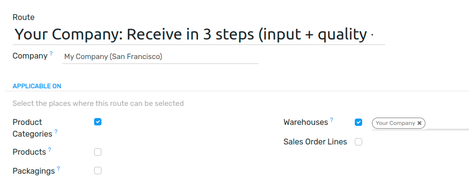 View of a route example applicable on product categories and warehouses.