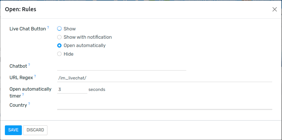 View of a channel’s rules form for Flectra Live Chat