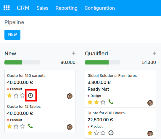 View of crm leads and the option to schedule an activity for Flectra Discuss