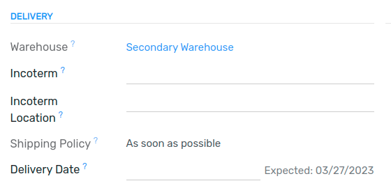 View of the delivery settings to have the delivery lead time taken into account
