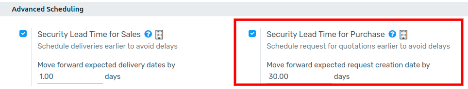 View of the security lead time for purchase from the inventory settings