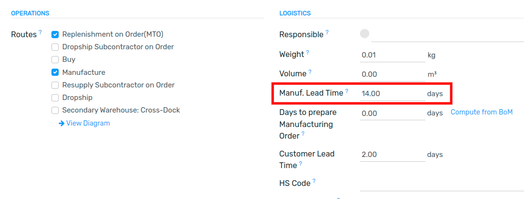 View of the manufacturing lead time configuration from the product form