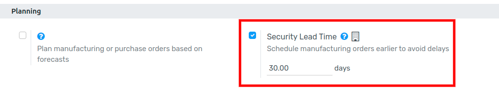 View of the security lead time for manufacturing from the manufacturing app settings