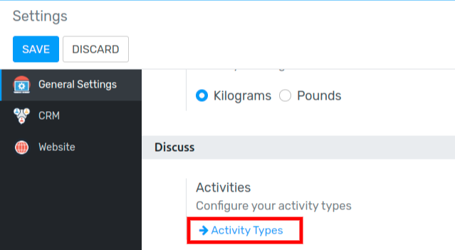 View of the settings page emphasizing the menu activity types for Flectra Discuss