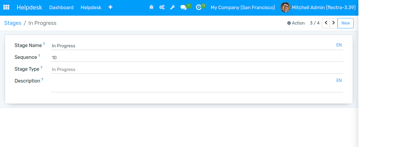 View of a stage’s setting page emphasizing the option to add teams in Flectra Helpdesk