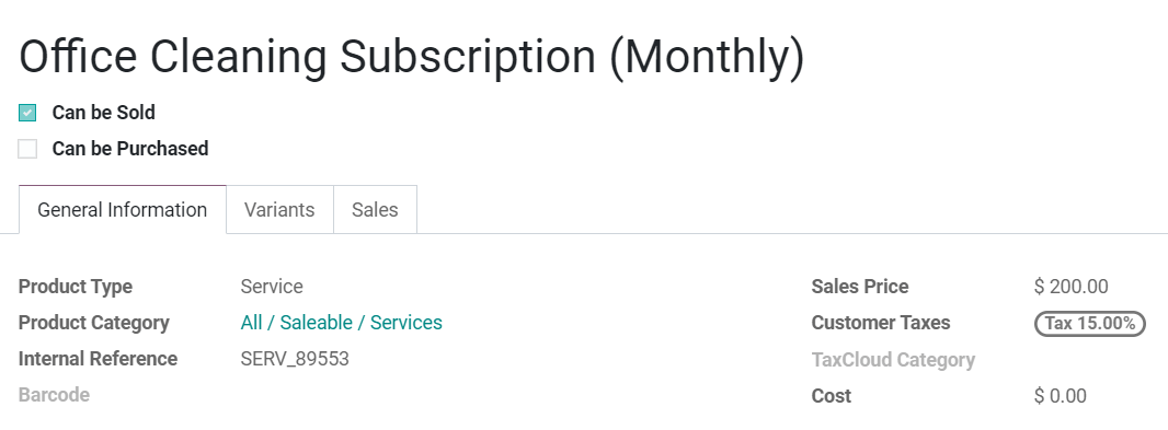View of a subscription product form in Flectra Subscriptions