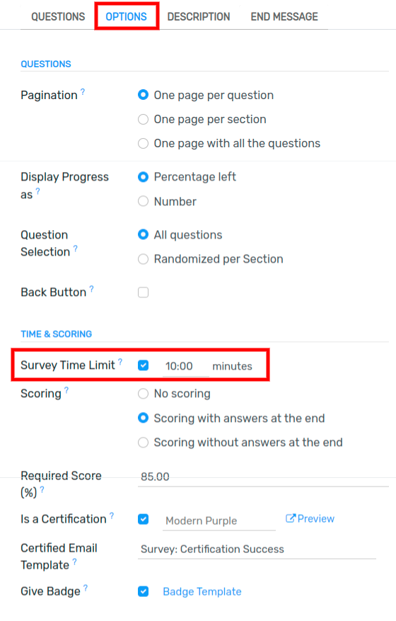 Time limit field in the options tab of a survey template form.