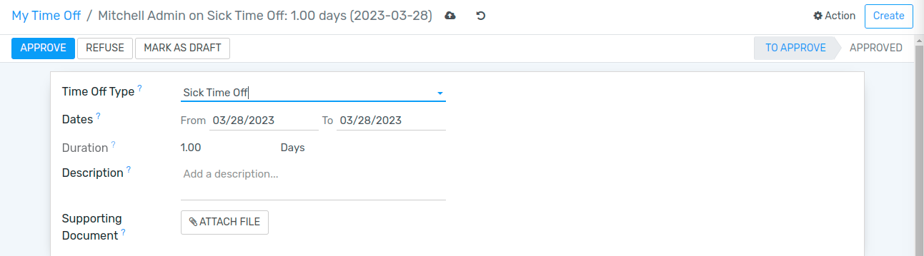 View of the time off request form in Flectra Time Off