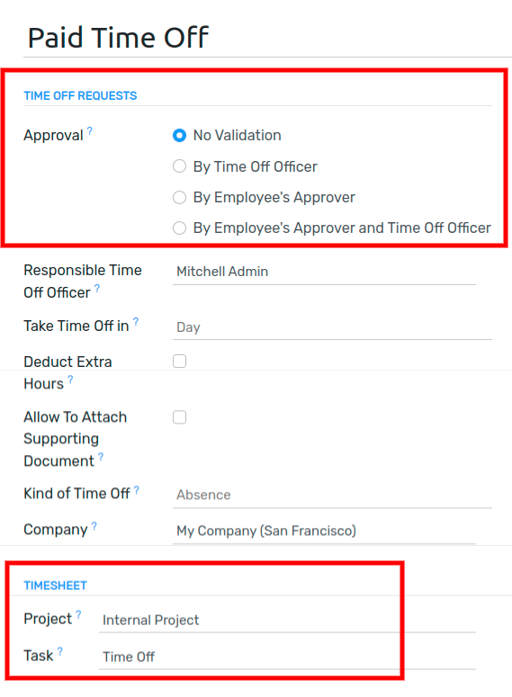 View of a time off types form emphasizing the time off requests and timesheets section in Flectra Time Off
