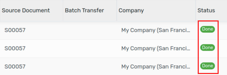 View of the transfers' statuses when the route is completed.