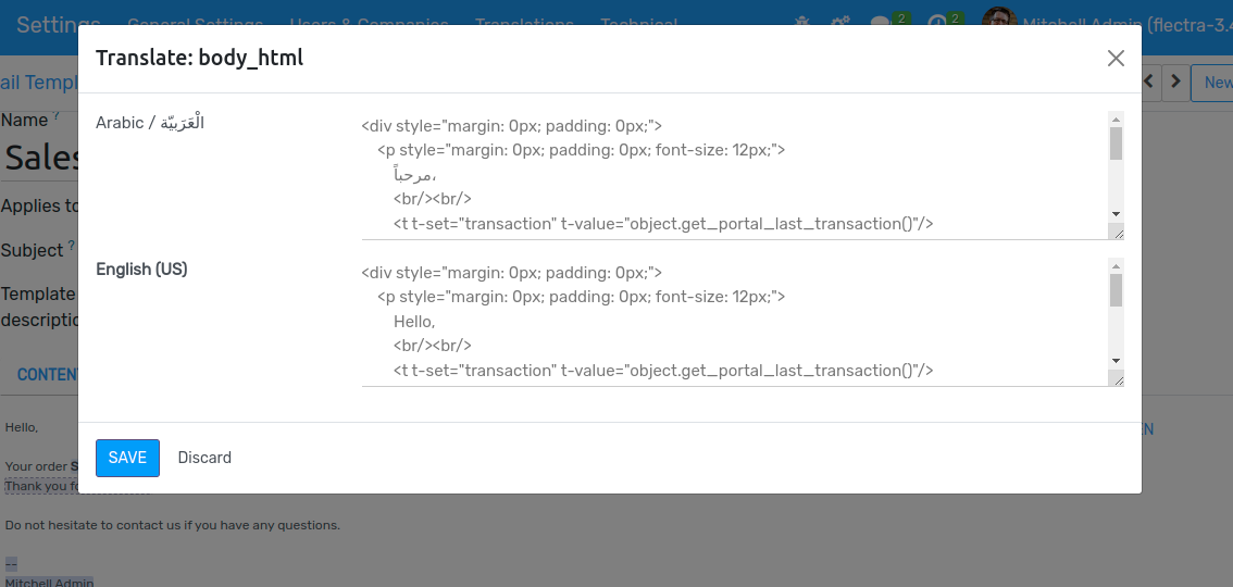 Translation of the body of the Application template in the different languages installed.