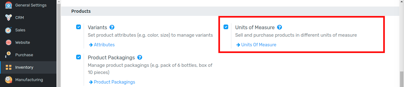 Enable Units of Measure in the Inventory settings.