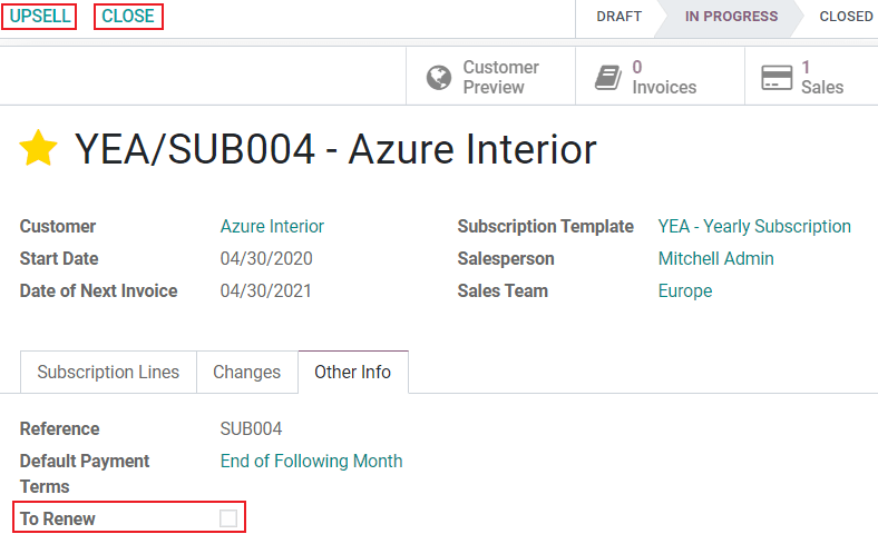 Use of the intelligent button "Subscriptions" in Flectra Sales
