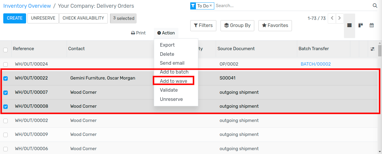 View of Flectra Inventory app settings to enable the wave transfers option.