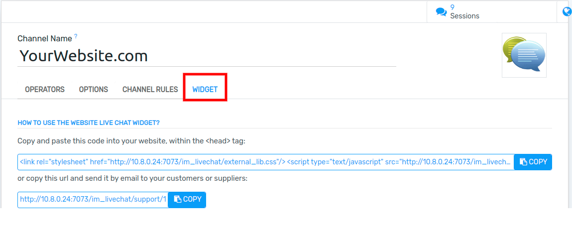 View of the widget tab for Flectra Live Chat