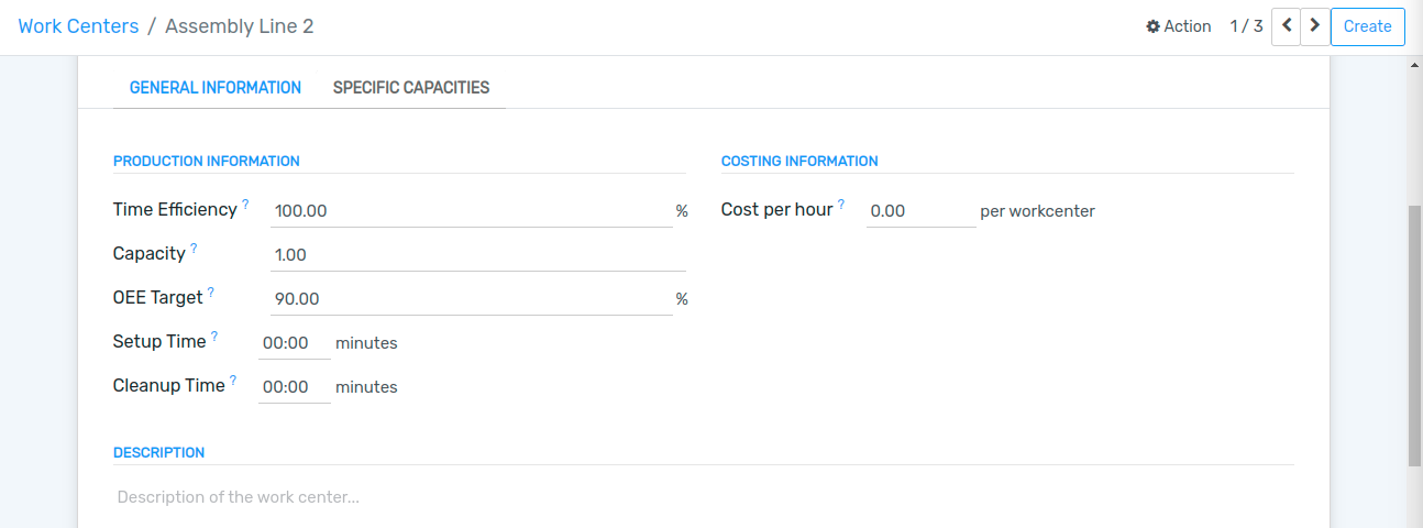 The general information tab of the work center form.
